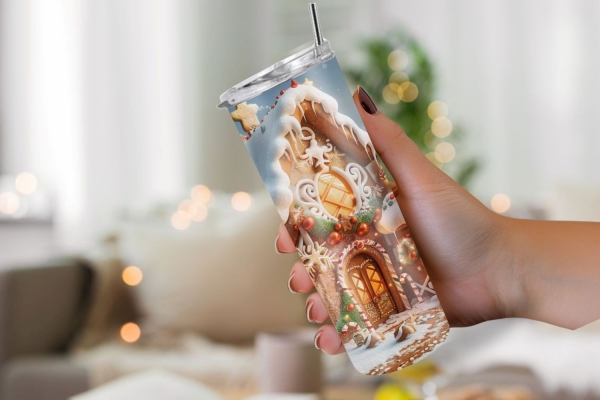 Thermobecher mit bezauberndem Lebkuchenhaus-Design, gehalten in einer Hand, perfekt für die Weihnachtszeit.
